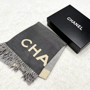 Chanel Charcoal Beige Color Block Lettering Scarf